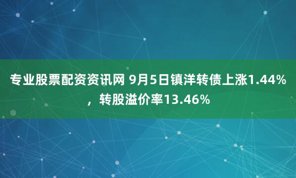 专业股票配资资讯网 9月5日镇洋转债上涨1.44%，转股溢价率13.46%
